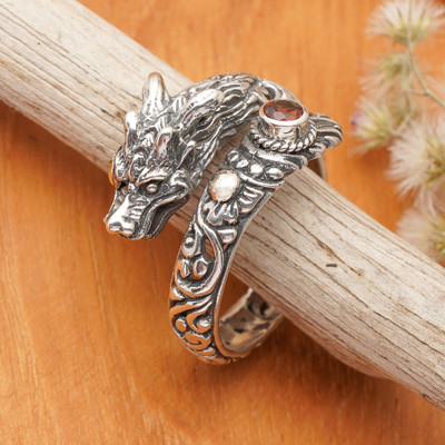 Dragon-Shaped Sterling Silver and Natural Garnet Wrap Ring