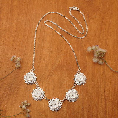 Floral Filigree Matte-Finished Silver Pendant Necklace