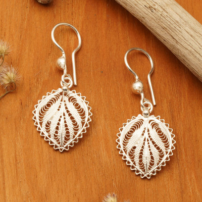 Leaf-Shaped Silver Filigree Dangle Earrings from Java