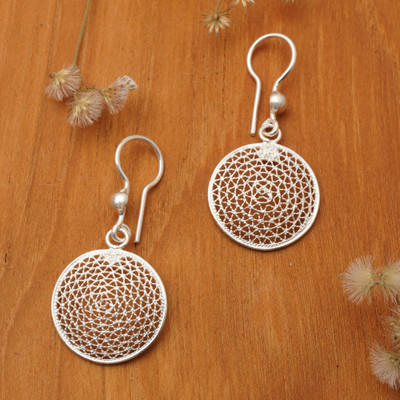 Modern Filigree Mesh Disc Sterling Silver Dangle Earrings