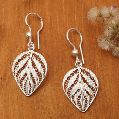 Filigree Matte-Finished Openwork Silver Leaf Earrings