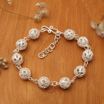 Ball-Themed Filigree Openwork Sterling Silver Link Bracelet