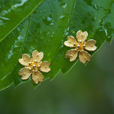 Nature-Inspired 18k Gold-Plated Cherry Bloom Button Earrings
