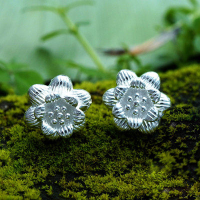 Floral Textured Sterling Silver Stud Earrings from Bali