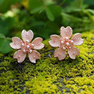 Cherry Blossom-Themed 18k Rose Gold-Plated Button Earrings