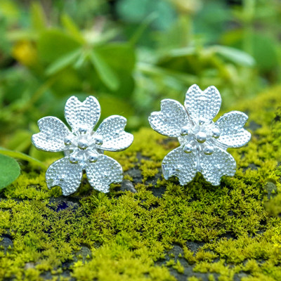 Textured Silver Button Earrings with Cherry Blossom Design