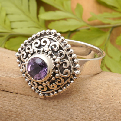 Square Textured Silver Cocktail Ring with Amethyst Gemstone