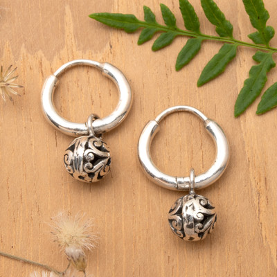 Sterling Silver Hoop Earrings with Balinese Swirl Ball Motif