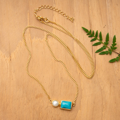 Gold-Plated Reconstituted Turquoise Cultured Pearl Necklace