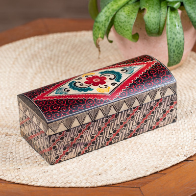 Artisan-Made Folk Art-Themed Red Batik Wood Jewelry Box