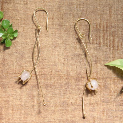 Floral Modern Gold-Plated Brass Rose Quartz Dangle Earrings