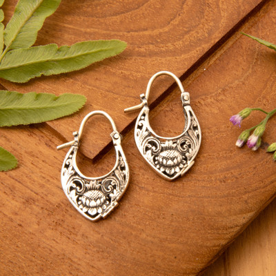 Lotus Flower-Themed Textured Sterling Silver Hoop Earrings