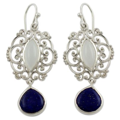 Moonstone Lapis Lazuli and Silver Earrings from India