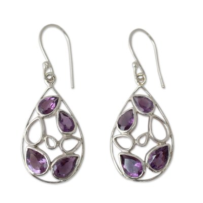 Teardrop Shaped Amethyst Dangle Earrings in Silver