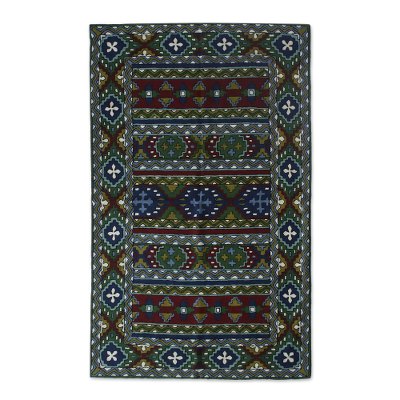 Green and Burgundy Kashmiri Chain Stitch Wool Rug (3x5)