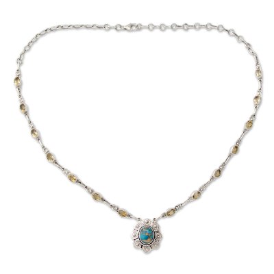 India Silver and Citrine Necklace with Composite Turquoise