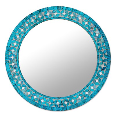 Round Turquoise Glass Mosaic Tile Mirror with Flower Motif
