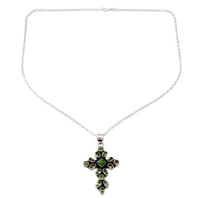 Peridot and Sterling Silver Necklace with Cross Pendant