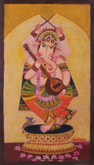 Indian Oil on Canvas Painting of Lord Ganesha Dancing