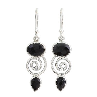 Hand Made Onyx Sterling Silver Dangle Earrings from India