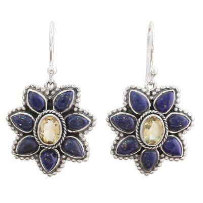 Lapis Lazuli Citrine Floral Dangle Earrings from India