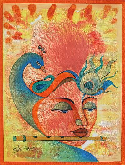 Expressionist Painting of Vishnu with Peacock from India