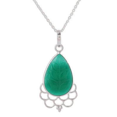 Green Onyx and Sterling Silver Pendant Necklace from India