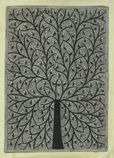 Black and White Madhubani Painting of the Tree of Life