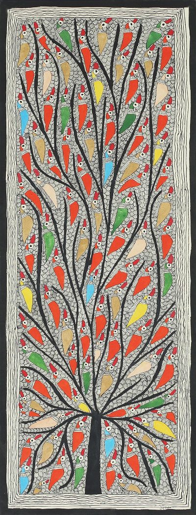 Colorful Madhubani Painting of the Tree of Life with Birds