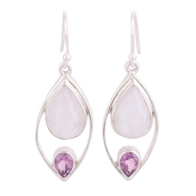 Dangle Earrings with Rainbow Moonstone and Amethyst