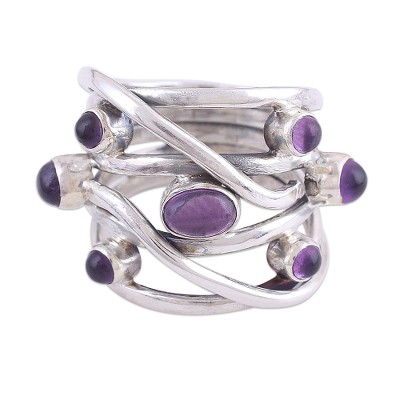 Handcrafted Purple Amethyst Sterling Silver Abstract Cocktail Ring