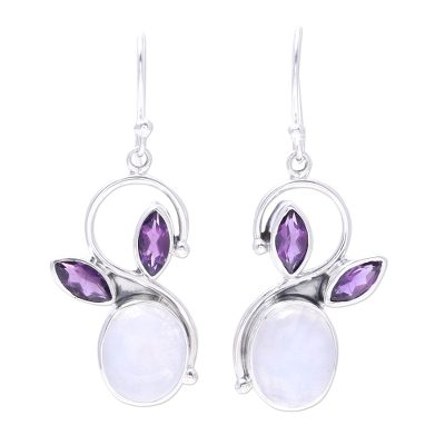 Rainbow Moonstone Amethyst Sterling Silver Dangle Earrings