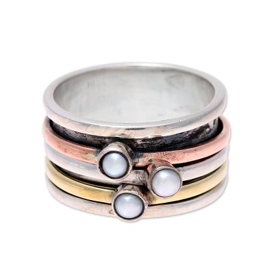 Cultured Pearl and Metal Trio Meditation Spinner Ring