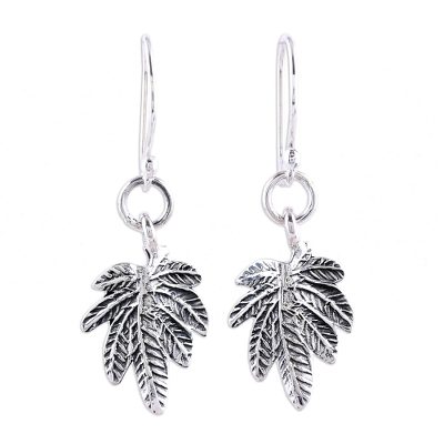 Sterling Silver Textured Leaves Dangle Earrings from India
