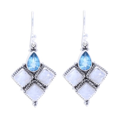 Rainbow Moonstone and Faceted Blue Topaz Earrings from India