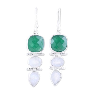Green Onyx and Rainbow Moonstone Dangle Earrings from India