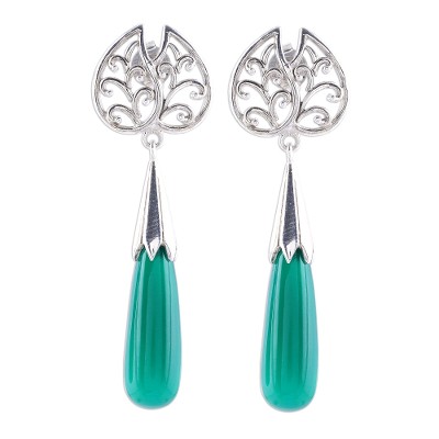 Leaf-Shaped Onyx Dangle Earrings from India
