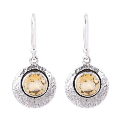 Sterling Silver and Yellow Citrine Round Dangle Earrings