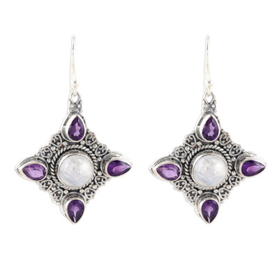 Rainbow Moonstone Amethyst Sterling Silver Dangle Earrings