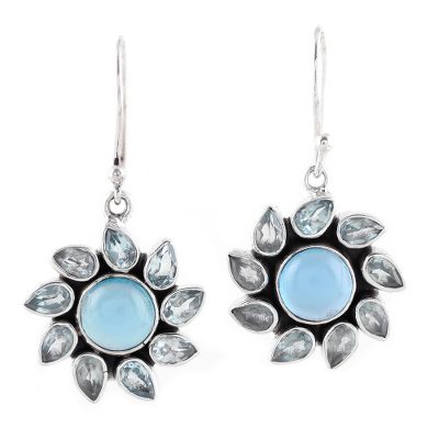 Blue Topaz and Chalcedony Dangle Earrings from India