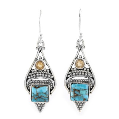 Citrine and Composite Turquoise Dangle Earrings from India