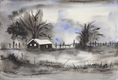 Signed Black and White Landscape Painting from India