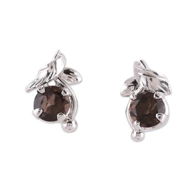 Rhodium Plated Sterling Silver Smoky Quartz Stud Earrings