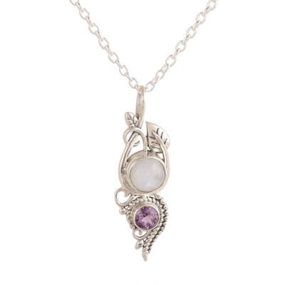 Leafy Rainbow Moonstone and Amethyst Pendant Necklace