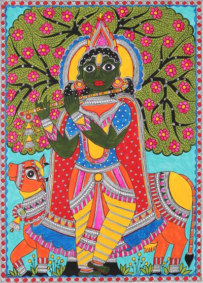 Signed Madhubani Painting of Lord Krishna from India