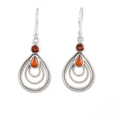 Handmade Indian Garnet and Carnelian Dangle Earrings