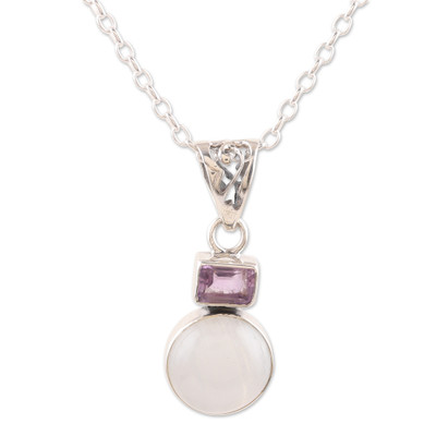 Rainbow Moonstone and Amethyst Pendant Necklace from India