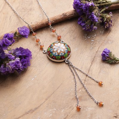 Mandala-Themed Hand-Painted Ceramic and Quartz Y Necklace