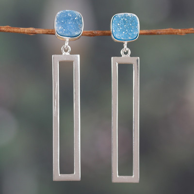Rectangle Sterling Silver and Drusy Quartz Dangle Earrings