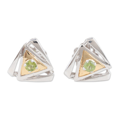 Gold-Accented Triangle Drop Earrings with Peridot Gemstones